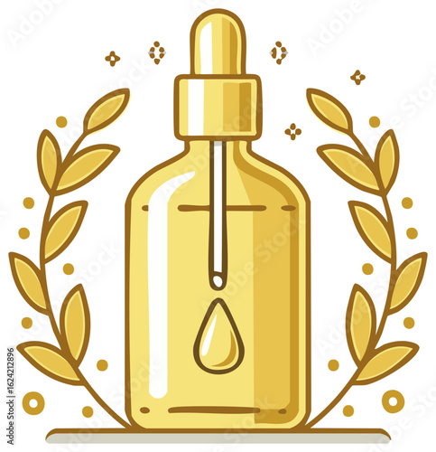 Illustrated gold beauty serum bottle with a dropper and organic leaf wreath