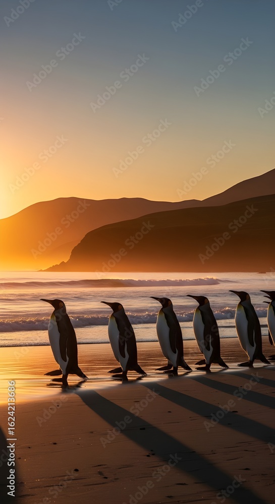 Obraz premium A group of of king penguins (Aptenodytes patagonicus) walking to the sea with sunset, South Georgia and the Sandwich Islands, Antarctica. 