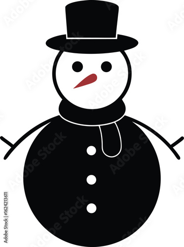 vector snowman wearing a hat and black scarf in a winter snow landscape. Cheerful Christmas character illustration with falling snow. Festive