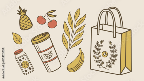Illustration of a reusable bag with fruits and drinks for eco friendly lifestyle concept design