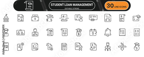 Line icons illustrating student loan management, education financing, repayment process and debt tracking essentials