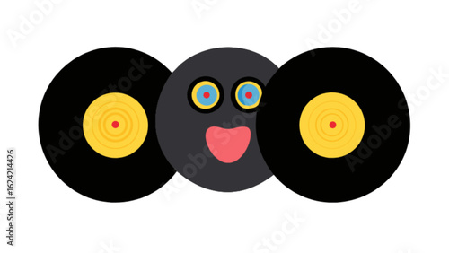 Illustration of a cartoon face between two vinyl records with yellow labels and red centers on white