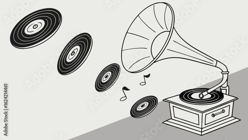 Illustration of a vintage gramophone playing music with vinyl records and musical notes floating around it