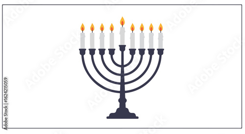 Hanukkah menorah with lit candles against a plain white background for design use