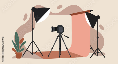 Camera takes photos in studio, with lights and backdrop, plant, abstract background