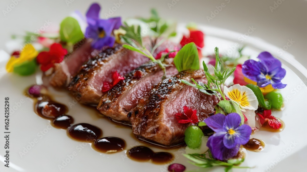 Duck breast with cherry gastrique and edible flowers Duck breast with cherry gastrique and edible flowers