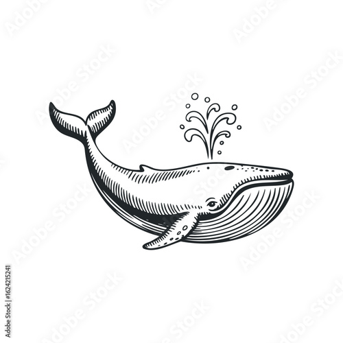Isolated Engraving of a Whale Spouting Water on White Background