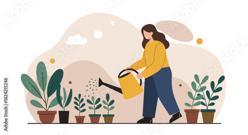 Woman waters potted plants indoors with abstract shapes in the background for web use