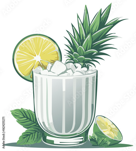 Refreshing tropical cocktail with pineapple lime and mint garnished with ice cubes