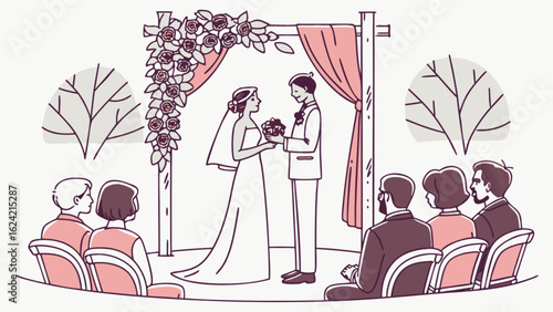Bride and groom exchanging vows under a floral archway with guests in attendance at a wedding event