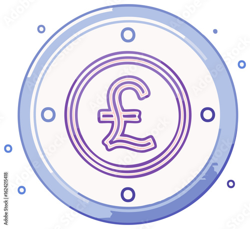 Abstract illustration of a pound sterling symbol within a circular border with stylized blue and purple accents