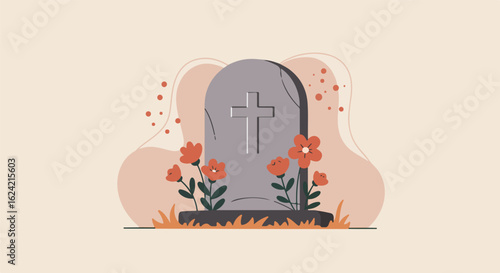 Cemetery headstone with flowers, abstract background for memorial website or app use