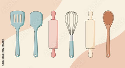 Kitchen utensils lie flat on counter, background for ads or food blog