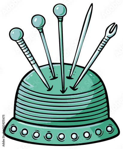 Cartoon pincushion filled with straight pins and needles for sewing or craft projects