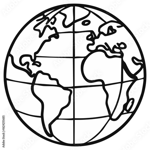 Simple Outline of Earth Showing Continents and Lines of Latitude and Longitude