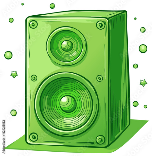 Vibrant green audio speaker cartoon illustration for music and sound