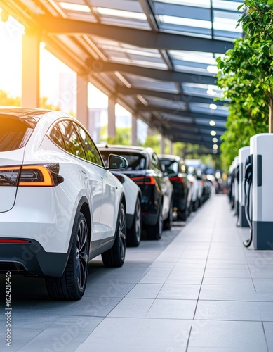 Electric cars parked in a modern, covered lot