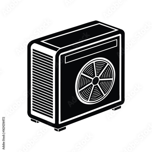 Isometric illustration of a modern air conditioning unit in black and white