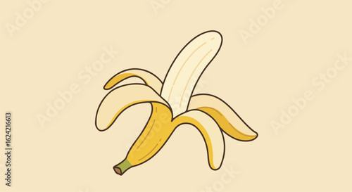Peeling banana on beige. Illustration. For design, healthy eating content