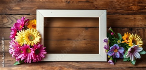 Blank frame mockup with vibrant flowers on rustic wooden table,  summer,  visual