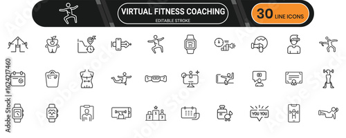 Line icons for virtual fitness coaching apps, personal training, workout tracking, and online health sessions