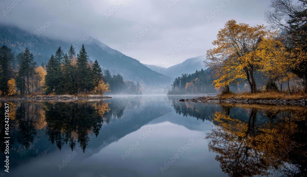 Fototapeta premium Misty autumn morning unveils serene lake reflecting vibrant trees and majestic mountains