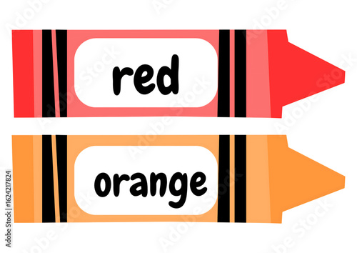 Red and Orange Crayons with Color Names in Illustrative Style isolated on a transparent background learning