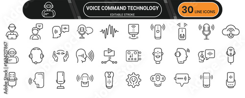 Clean line icons for voice command technology, smart assistants, voice recognition, and hands-free device control