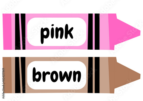 Two crayons one pink one brown with color names isolated on a transparent background writing