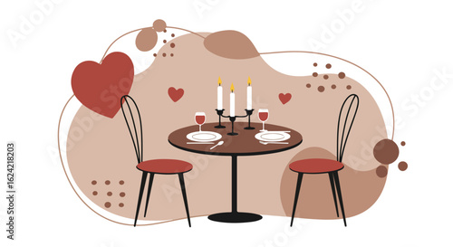 Romantic dinner table vector illustration. Hearts in abstract background