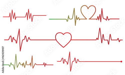 Green and Red heartbeat line collection with heart symbol, cardiology, medical pulse, ECG, EKG design, healthcare clipart vector illustration, health monitoring, digital heartbeat. Stock-Vector.