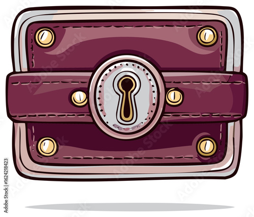Closed treasure chest cartoon style illustration. Detailed drawing of a secured box, with gold buttons.