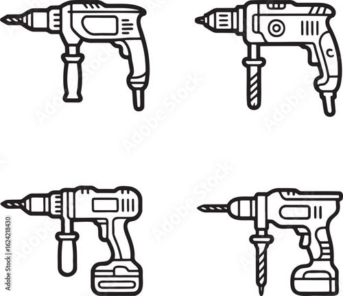 Set of Drilling machine Outline vector illustration isolated On Transparent Background