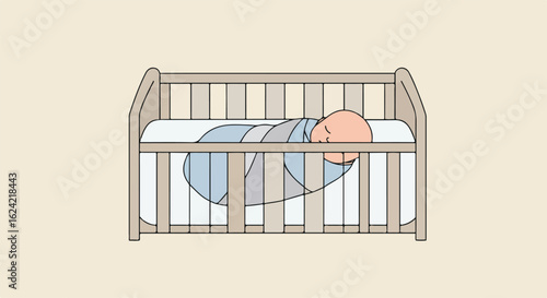 Sleeping infant swaddled in a crib against a neutral background, for parenting blogs