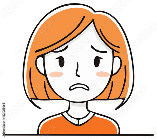 Worried woman with orange hair in cartoon style, expressing sadness, depression and worry.