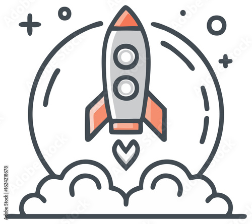 Stylized cartoon rocket ship launching with smoke trail, abstract background.