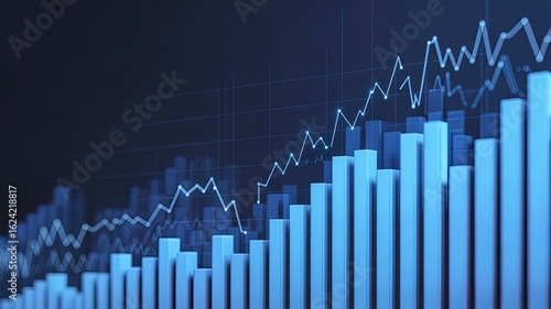 Wallpaper Mural Vector art of abstract blue financial graph with upward trend bars and line chart on dark background Torontodigital.ca