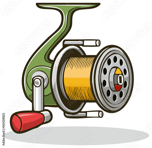 Classic spinning fishing reel with yellow line isolated cartoon vector illustration for sport fishing