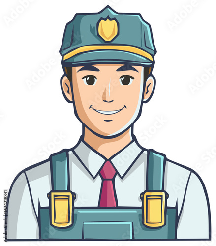 Smiling professional man in uniform hat and overalls character illustration