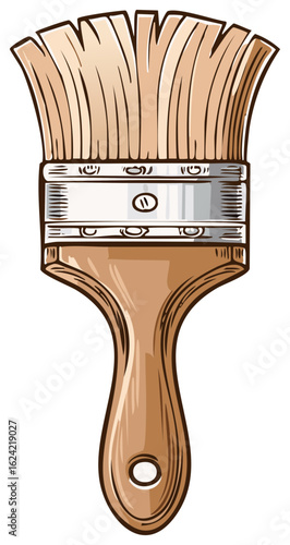Painter's Tool Cartoon Style Paint Brush Illustration with Wooden Handle
