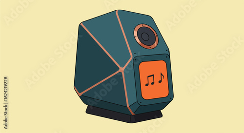 Teal speaker with musical notes in an illustration for listening pleasure