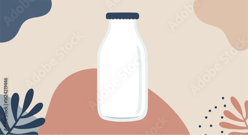 Liquid in bottle on flat backdrop with leafy shapes; ads beverage, dairy & health