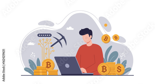 Person mining cryptocurrency with laptop; digital background. Earning crypto