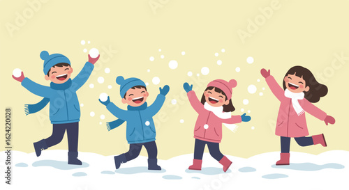 Cartoon kids playing in snow throwing snowballs, winter season, snowflakes falling
