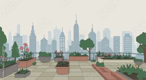Cartoon rooftop garden with plants in the city backdrop, for design, layout