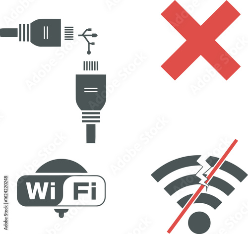 Graphic showing disconnected USB, a red X, Wi-Fi symbol, and broken Wi-Fi signal.