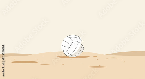 Ball sits on sand, for sports ad, with tan-colored dunes in background