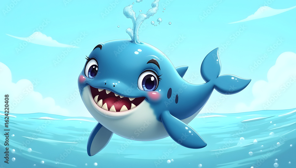 Obraz premium Adorable cartoon whale smiling in the water. Generative AI 