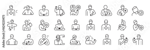 Emergency First Aid Actions icon bundle – 30 black outline illustrations set