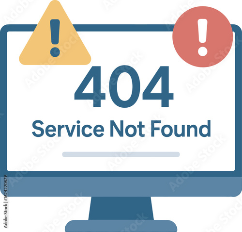 Computer screen displays a 404 error, indicating a service is unavailable, highlighted by warning icons.